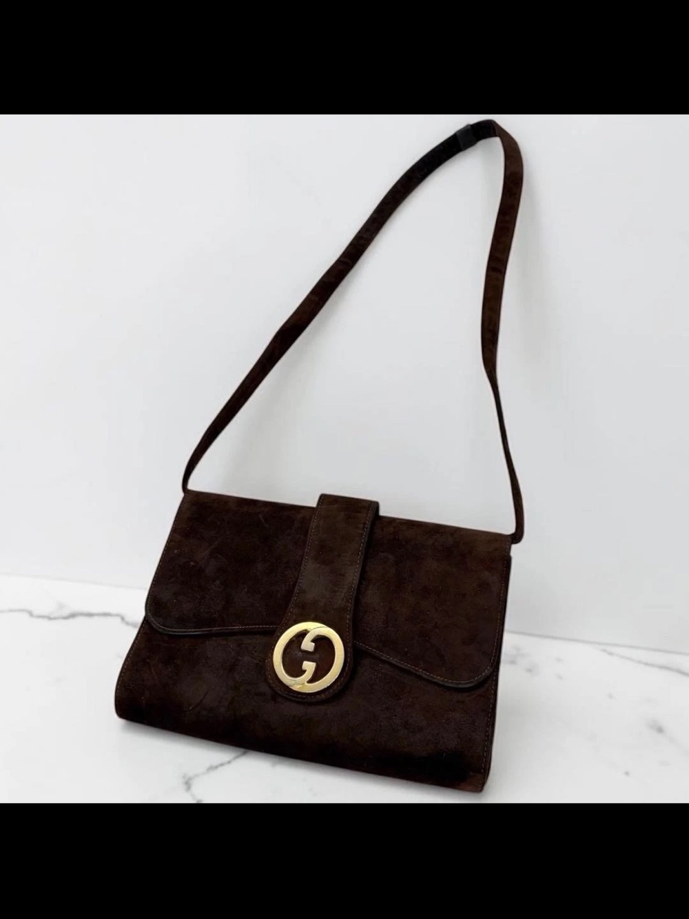 Gucci Dark Brown Suede Shoulder Bag with Gold GG Accent